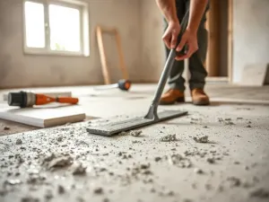 Ręce fachowca rozprowadzają świeżą wylewkę betonową na styropianie na podłodze w surowym, remontowanym pomieszczeniu.