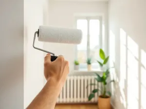 Układanie białych płyt styropianowych na betonowej podłodze przed wylaniem posadzki, widoczna miarka i ołówek.