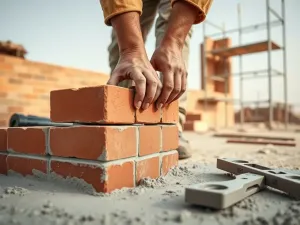Nowoczesny skład materiałów budowlanych z czytelnie ułożonymi cegłami, deskami i panelami, podkreślający szeroki wybór produktów