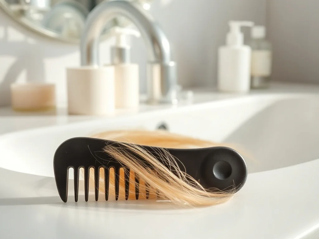 Plastikowy grzebień do pasemek obok blond kosmyka na białym blacie łazienki, w jasnym, minimalistycznym otoczeniu.
