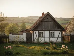 Drewniany szkielet małego domu w budowie, na pierwszym planie stół z miarką i planami, w tle ceglane ściany i błękitne niebo.