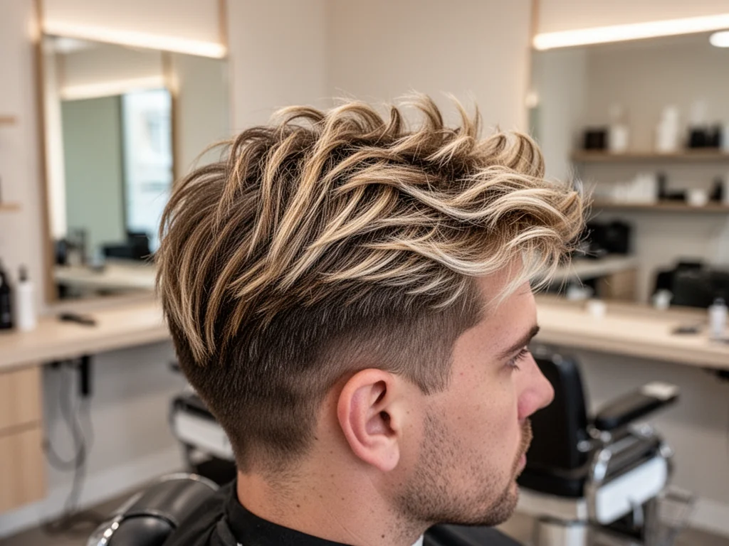 Mężczyzna w nowoczesnym salonie fryzjerskim prezentuje świeże, naturalne pasemka w jasnobrązowych i blond odcieniach.