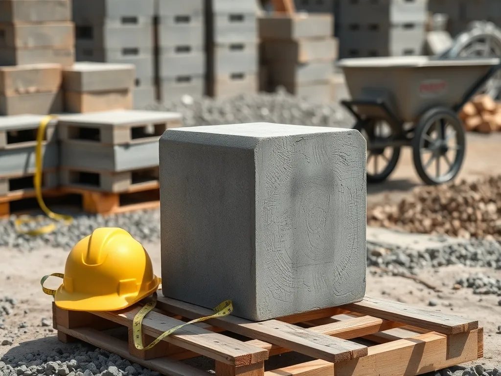 Kostka betonu na palecie obok kasku i miarki, symbolicznie pokazująca wagę kubika betonu na budowie.