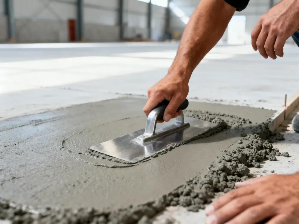 Pracownik wygładza świeżą wylewkę betonową za pomocą pacy, przygotowując powierzchnię do nałożenia utwardzacza.