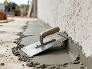 Beton z gruszki wylewany z rynny mieszalnika do prostego szalunku, tworzący świeżą płytę fundamentową.