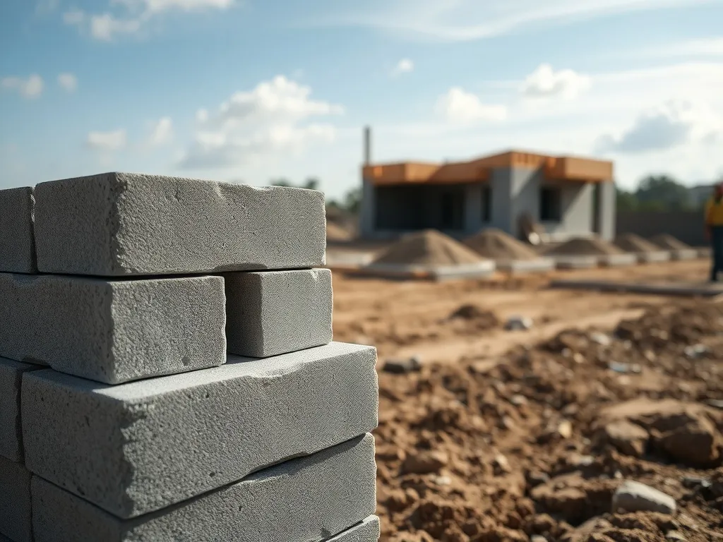 Szare bloczki fundamentowe ułożone na budowie, na tle wznoszonej ławy fundamentowej oraz hałd piasku i żwiru.