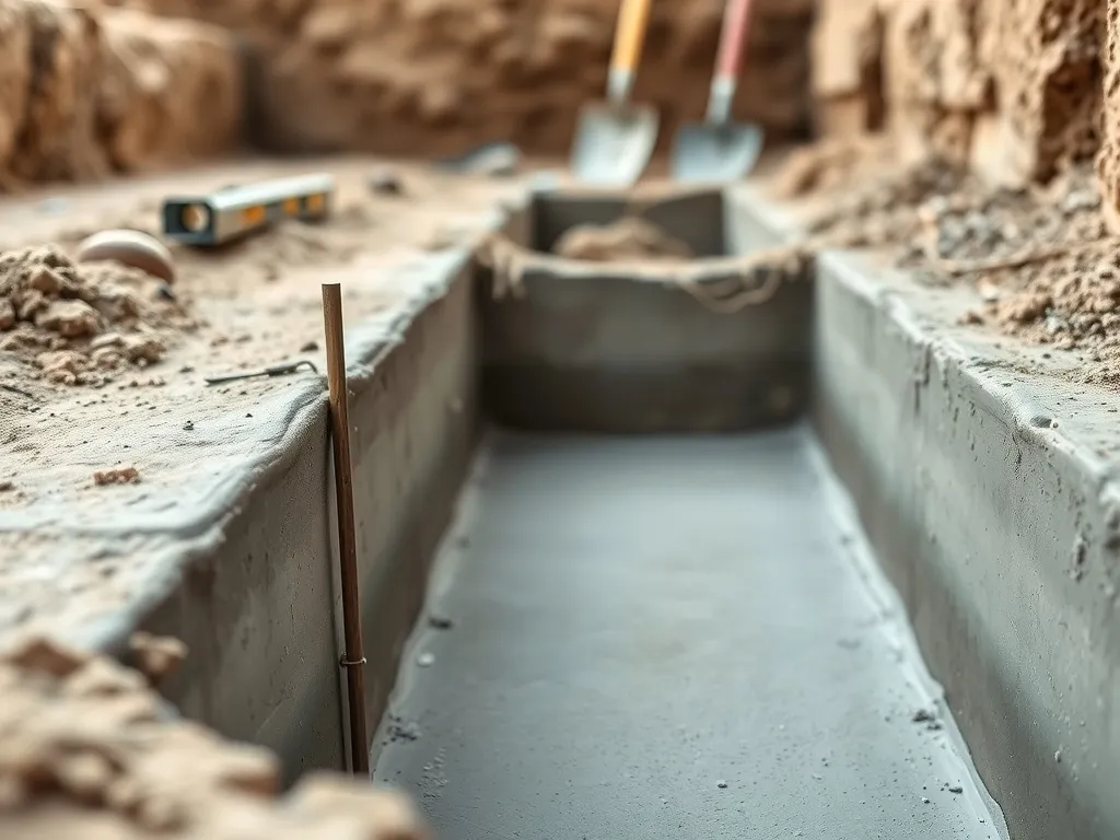 Świeżo wylany beton w wąskim wykopie z wystającym zbrojeniem, otoczony ziemią i prostymi narzędziami budowlanymi.