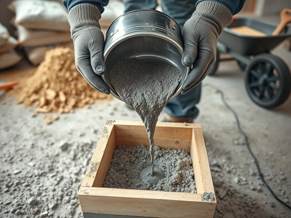Pracownik budowlany wylewa mieszankę betonu B25 z wiadra do małego szalunku, na tle materiałów i narzędzi budowlanych.