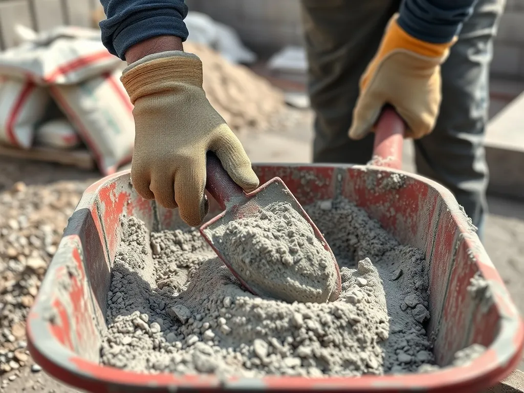 Pracownik budowlany miesza beton w taczce, widoczne kruszywo, piasek i cement, w tle fundament i materiały budowlane.