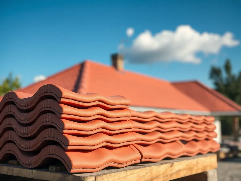 Stos czerwonych dachówek ceramicznych na palecie przed częściowo pokrytym dachem, ilustrujący koszty pokrycia dachu.