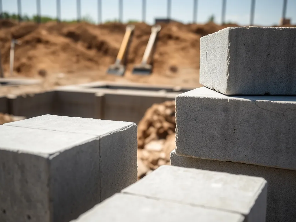 Szare bloczki betonowe fundamentowe ułożone na placu budowy, z widoczną fakturą, kształtem i detalami wymiarów.