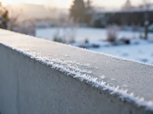 Makieta domu z jasnoszarych bloczków perlitu na stole, obok granulki perlitu, w tle rozmyte narzędzia i plany budowy.