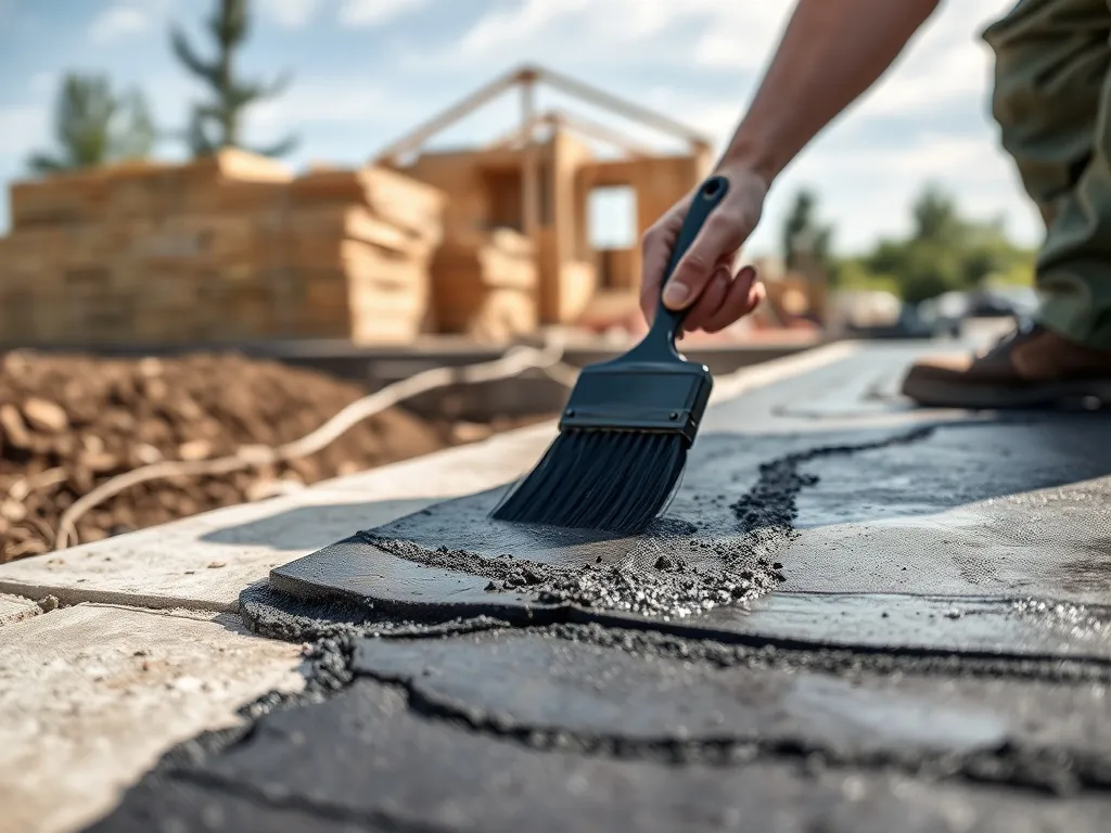 Ręka fachowca nakłada pędzlem czarną masę bitumiczną na fundament domu, w tle materiały izolacyjne i ściana budynku.
