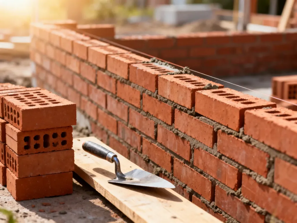 Profesjonalnie wymurowana ściana z cegły z widocznymi spoinami, kielnią i stosem materiałów budowlanych na placu budowy.