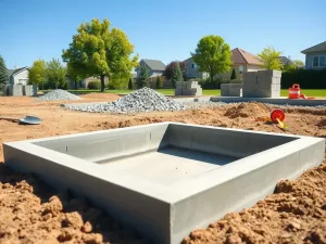 Beton wylewany z gruszki do drewnianego szalunku na budowie, w tle kruszywo i narzędzia budowlane.