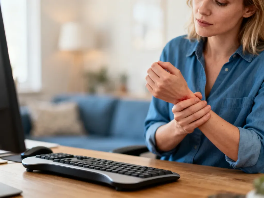 Kobieta trzymająca się za bolący nadgarstek przy ergonomicznym stanowisku pracy, ilustrująca objawy zespołu cieśni nadgarstka.