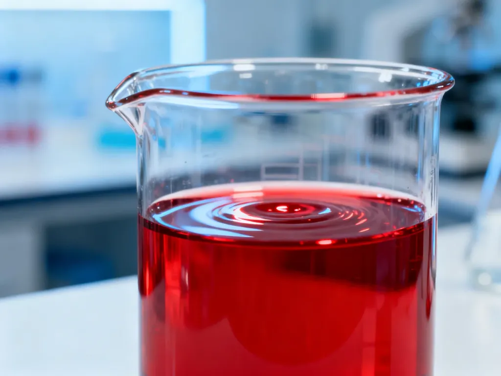 Szklana zlewka z czerwoną cieczą symbolizującą ludzką krew w sterylnym, laboratoryjnym otoczeniu.