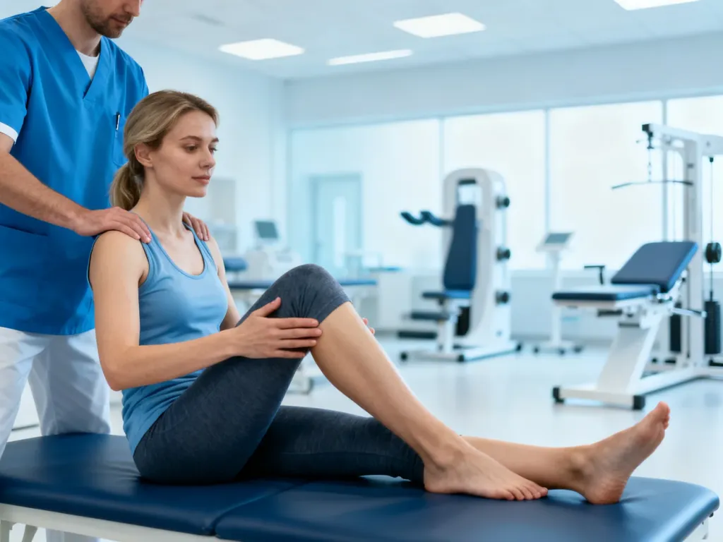 Fizjoterapeuta wspiera pacjentkę podczas ćwiczeń rehabilitacyjnych nogi w nowoczesnym gabinecie medycznym.