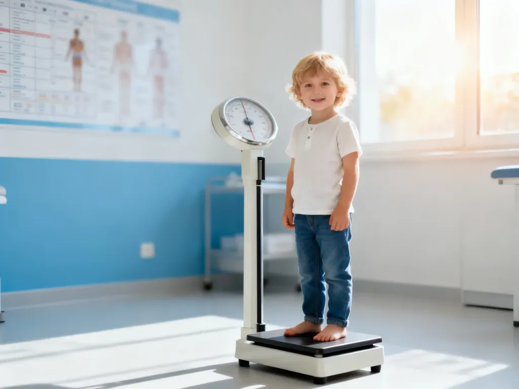 Dziecko stojące na wadze lekarskiej w nowoczesnym gabinecie pediatrycznym podczas kontroli zdrowia.